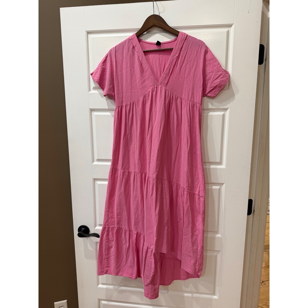 🌻3/$10 Shein Pink Tiered Midi Dress V-Neck Babydoll Size 6 Barbiecore Boho Summe